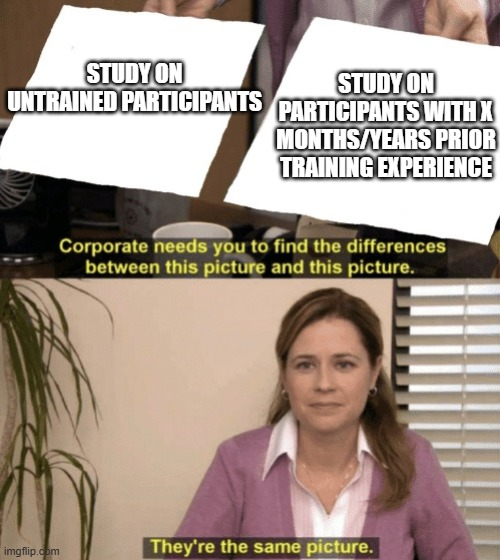 The Office meme comparing a study on untrained participants with a study on participants reporting prior training experience; Pam says they are the same picture.